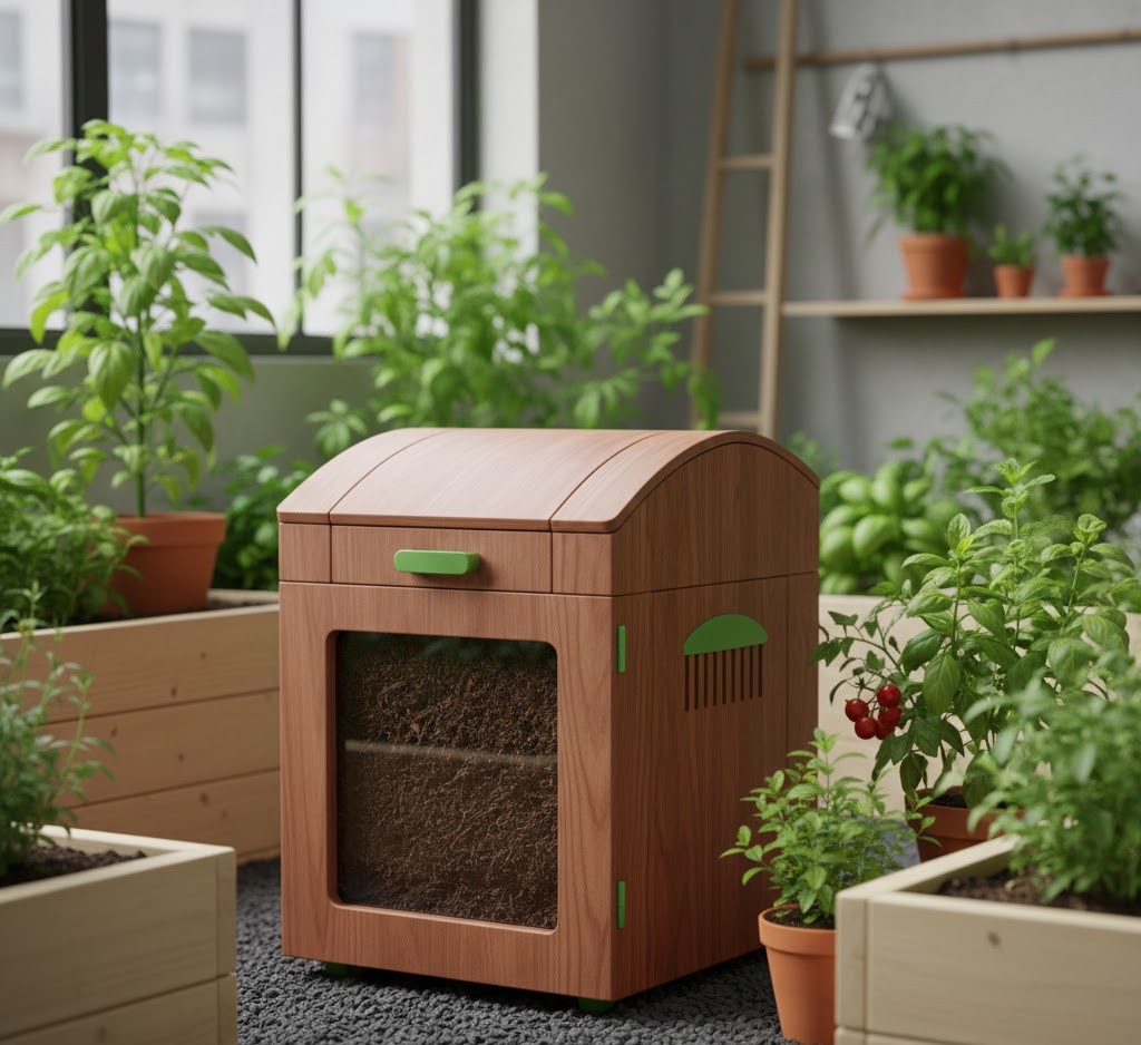 Modern home composter in garden